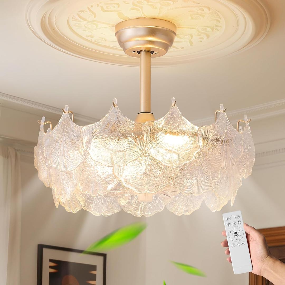 Shell Ceiling Fan with Light 20 Inch Gold Fandelier Modern Crystal Chandelier with Fan Semi Flush Mount Remote Control 6 Speeds for Girls Bedroom,Living Room