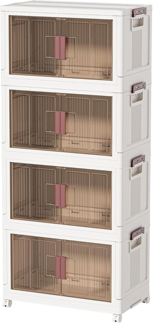 60GAL/240QT 4 Tier Large Stackable Storage Bins with Lids and Wheels, Collapsible Storage Bins Plastic with Doors, Suitable for Clothes, Closet, Home and Office (60QT)