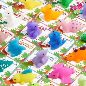 JOYIN 28 Packs Valentines Day Gift Card with Mochi Squishy Toy for Kids, Kawaii Dinosaur Mochi Squishy Toy Stress Relief Fidget Toys for Kid Valentine Party Favor, Classroom Exchange Prize