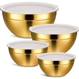 Giantree 4 Pcs Gold Mixing Bowls with Airtight Lids, Stainless Steel Mixing Bowls Metal Nesting Organizers for Kitchen Mixings Prepping Storing Serving Food, Non-slip Bottom Size 5.5, 3.6, 2.7, 2.1Qt