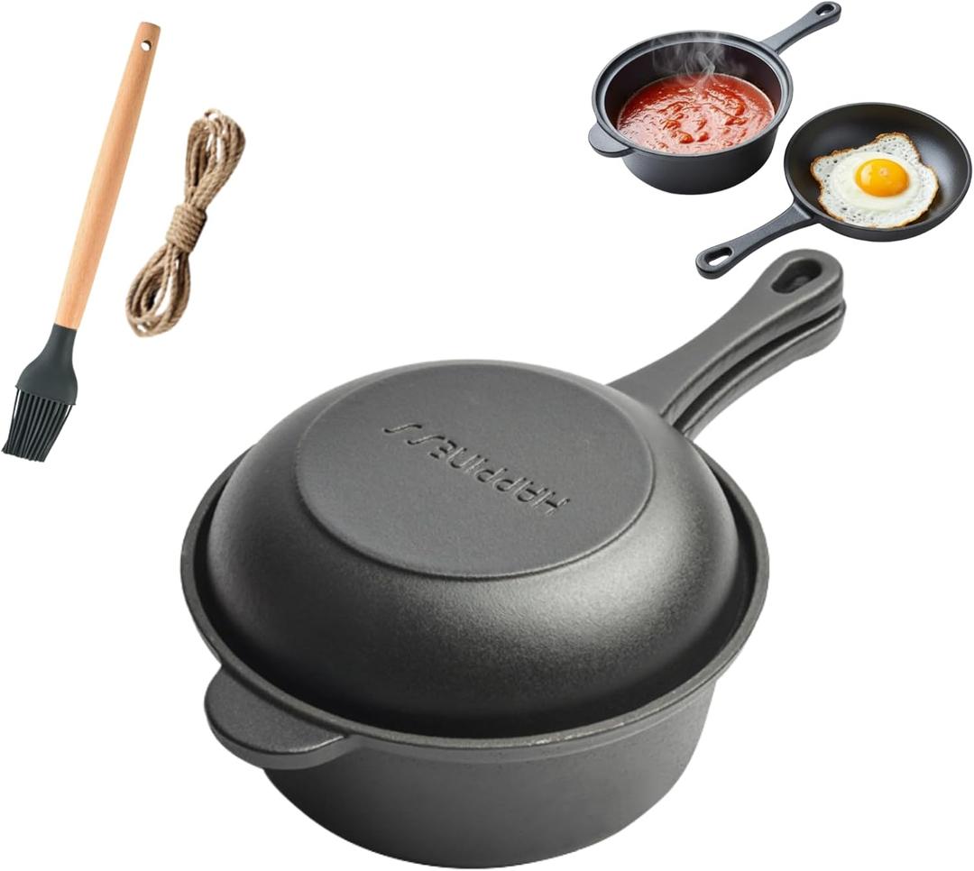 Cast Iron Saucepan - 7-Inch Small Cast Iron Pot with Lid & Silicone Basting Brush - 1.06 Quart Saucepan for Frying, Stewing, and All Stovetops, Suitable for 1-2 people