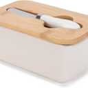Nat & Jules Ceramic Stoneware 1/2 Pound, 2 Sticks Butter Dish with Airtight Bamboo Lid & Knife, Kitchen Accessory, Container Holder, Refrigerator Storage and Countertop Organization, Matte Cream
