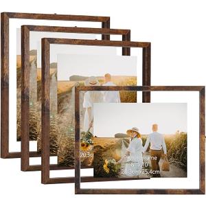 WIFTREY 8x10 Floating Picture Frames Set of 4, Rustic Brown Picture Frame 8 by 10 for Wall Hanging, Double Glass Family Photo Frame Display any Size with Floater Effect up to 10x12