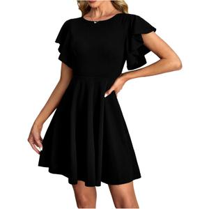 Women's Butterfly Short Sleeve Mini Dress Crew Neck A Line Elegant Work Office Dresses (Black, S)