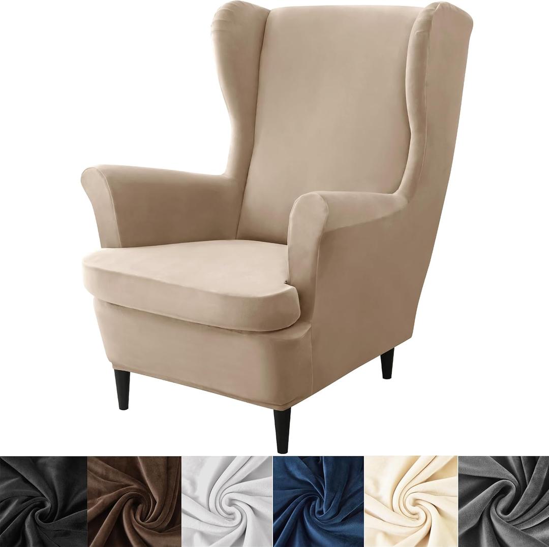 HFCNMY Wingback Chair Covers, 2 Piece Stretch Velvet Wingback Chair Slipcover-Thick Wing Back Chair Covers with Arms-Wing Chair Slipcover-Wing Back Chair Slipcovers with Elastic Bottom Khaki