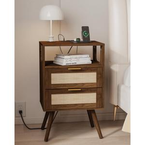 Rattan Nightstand with Charging Station,Farmhouse Bedside Table with 2 Storage Drawer and Open Wood Shelf, for Bedroom and Small Spaces,Night Stand with Solid Wood Legs (Walnut Brown-Outlet)