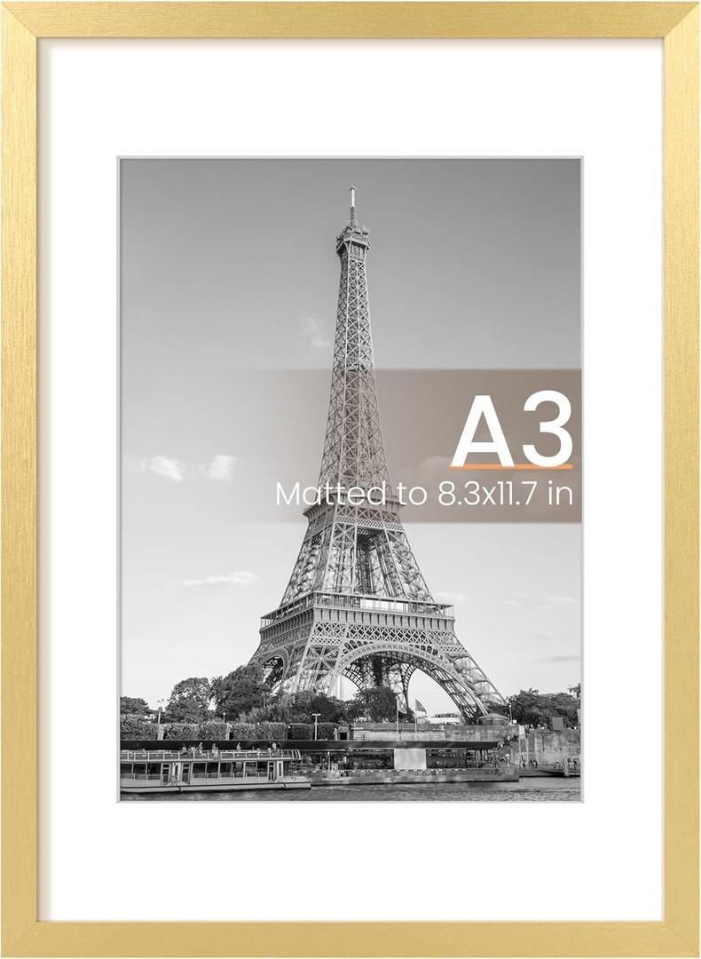 upsimples A3 Picture Frame, Display Pictures 8.3x11.7 with Mat or 11.7 x 16.5 Without, Wall Hanging Poster Frames, Gold, 1 Pack