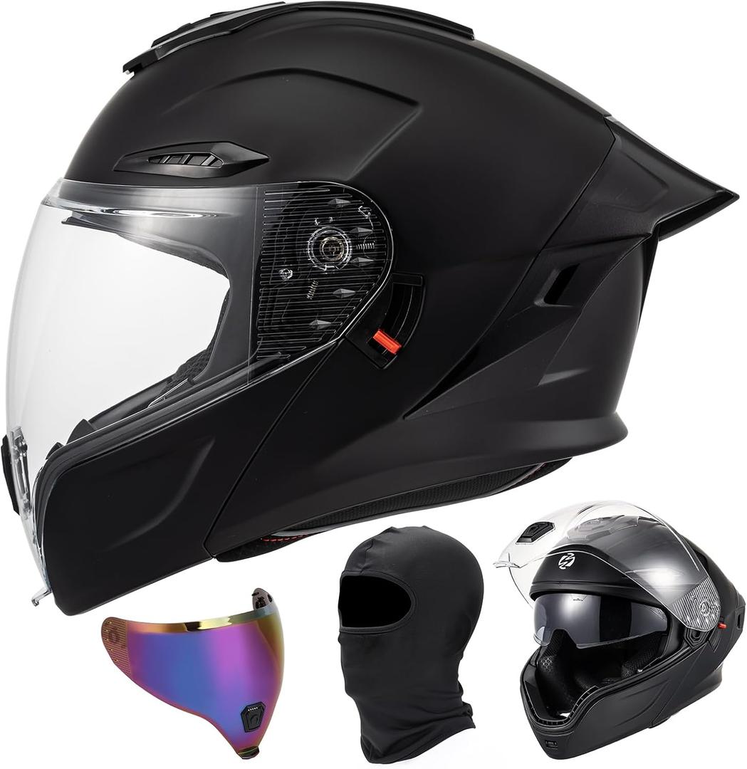 OUMURS Modular Motorcycle Helmet DOT Certified Full Face Helmet Flip up Street Motorcycle Helmets for Unisex Adult Matte Black Full Face Motorcycle Helmet- L