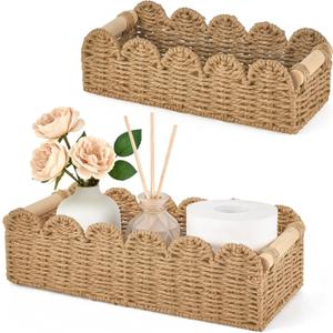 Dahey 2 Pcs Toilet Paper Storage Basket for Bathroom Woven Paper Rope Scalloped Edge Toilet Tank Basket with Handles for Organizing Over Toilet Storage Shelf Countertop Living Room Bedroom Home Decor