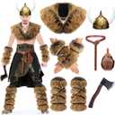 Realspring 8 Pcs Halloween Viking Costume Medieval Viking Costume Faux Fur Mantle Shoulder Helmet Adult Norse Warrior Outfit (Brown)