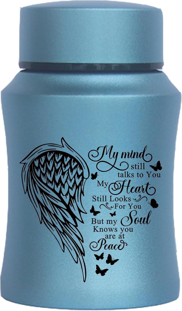 4.5 Inches Small Urn for Human Ashes Stainless Steel Mini Cremation Urn Small Keepsake Urn Heart Wing Pattern Memorial Ashes Container-Blue
