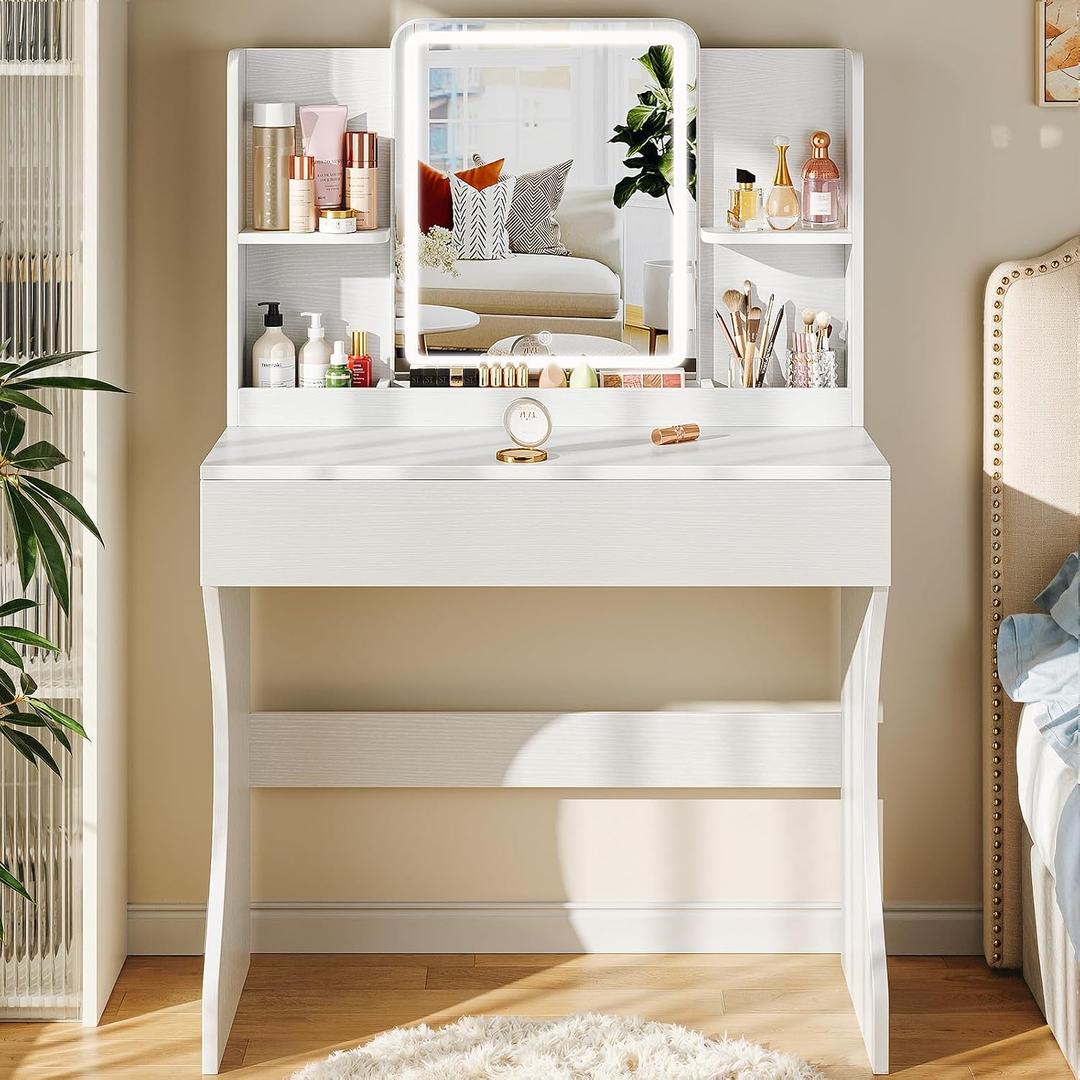 Driftalia Small Vanity Desk with Mirror and Lights, Makeup Vanity with Storage Drawer, 2 Shelves and 3 Compartments - White, 31.5" W x 15.67" D x 50.79" H