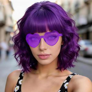 Dark Purple Wavy Curly Bob Wig with Heart Sunglasses for Women, 14 Inch Colored Neon Fun Party Curly Synthetic Wigs Hair Cap for Cosplay Halloween Costume Bachelorette Party Music Festival