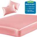 SiinvdaBZX 3-Piece Set Satin Queen Fitted Sheet & 2 Pillowcase, Blush Pink Silky Soft Fitted Bottom Sheet, Wrinkle Free, Fade Resistant, Deep Pocket Bed Sheet (Deep Up to 15") Twin