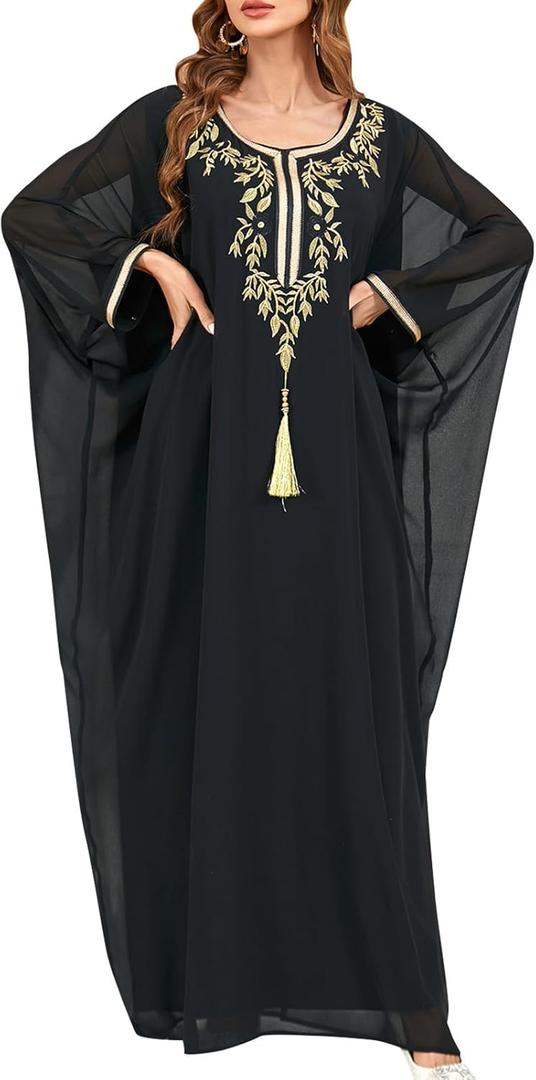 One Size Moroccan Kaftan Dress Floral Batwing Dubai Muslim Robe Islamic Wedding Clothes Pakistani Eid Ramadan Caftan (Black Tassel)