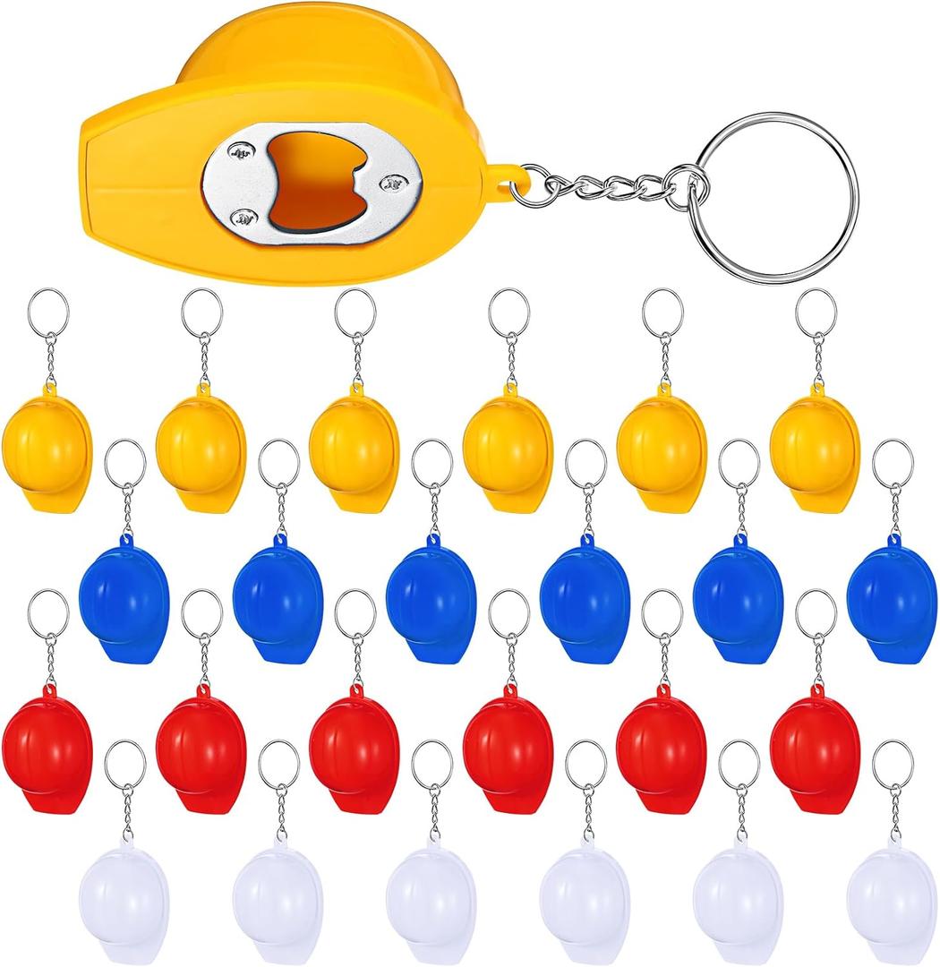 24 Pcs Construction Bottle Opener Keychain Construction Party Favors Mini Safety Hat Bottle Opener Key Chain for Father's Day Gifts Birthday Party Supplies Decoration, 4 Colors