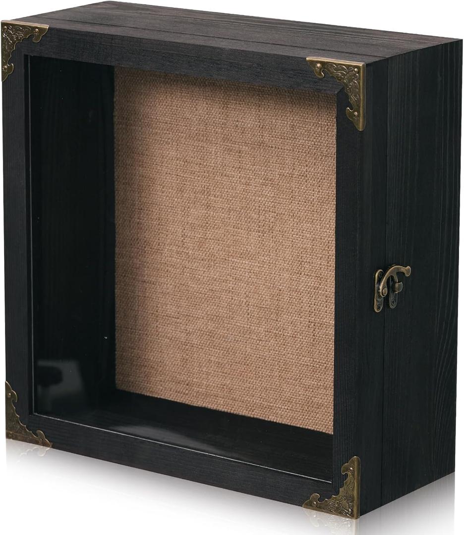 11x11 Inch Deep Shadow Box Frame 4.5" Depth, Black Solid Wood Display Case with Acrylic Door, Vintage Metal Corners, Memory Box for Medals Photos Coins Awards Wedding Keepsakes Military Memorial Gifts