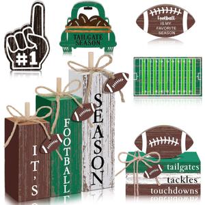 11 Pcs Football Table Decorations Football Tiered Tray Decor Centerpiece Decorative Wood Books Table Top Decor Tailgates Tackles Touchdowns Wooden Sign for Home Party Supplies