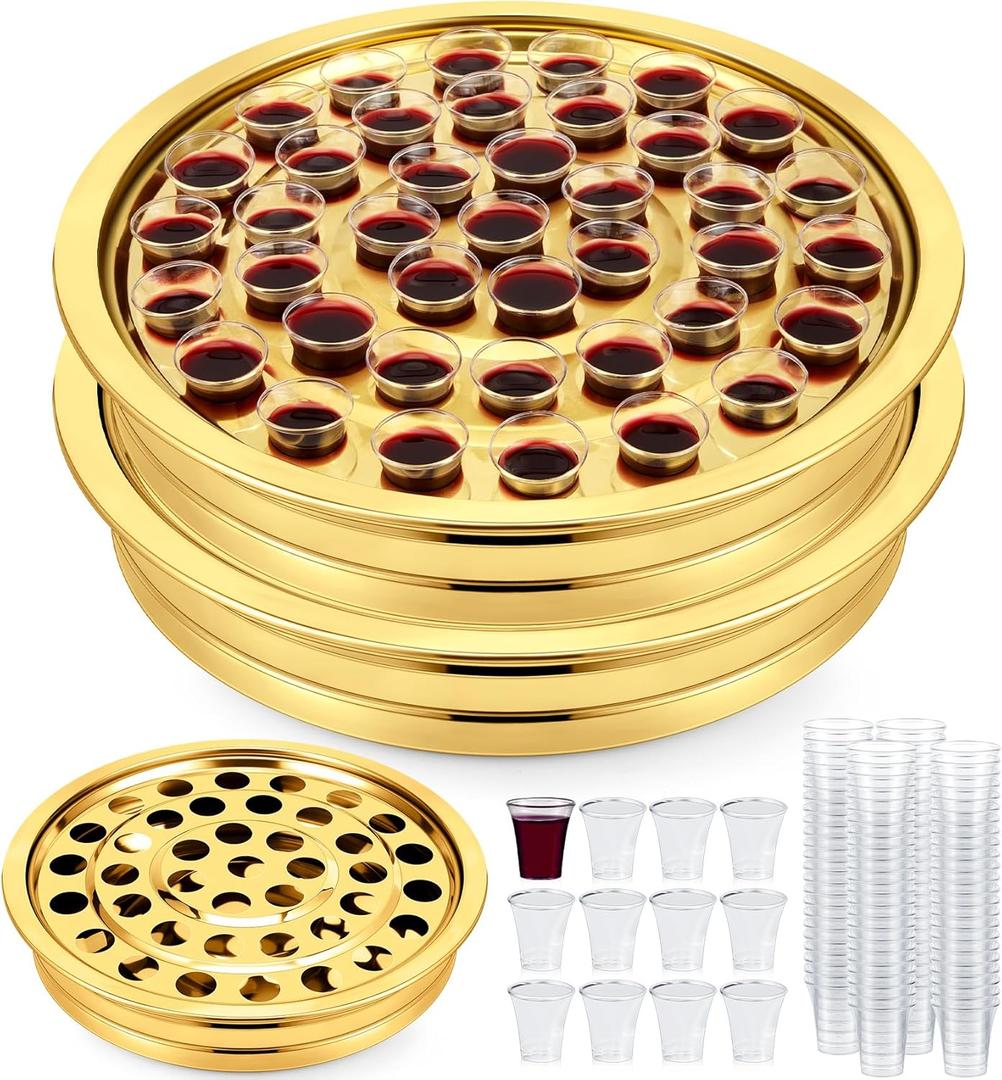 Zhehao 2 Pcs Communion Trays for Churches Set Church Supplies Plates for Church with Disposable Cups (Gold)