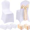 Mepase 100 Pcs White Chair Covers Set with 50 Stretch Spandex Chair Covers 50 Chairs Sashes Bows Universal Fitted Cover Removable Washable for Wedding Party Dining Banquet(White, Champagne Gold)
