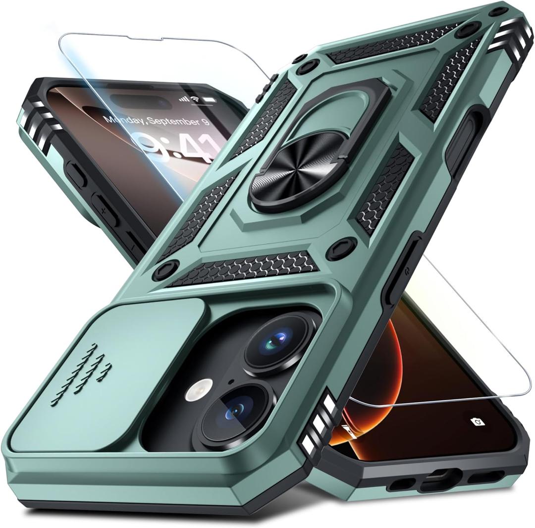 Janmitta Case for iPhone 14 & iPhone 13 Phone Cover Built in Slide Camera Lens Cover+Screen Protector,Heavy Duty Shockproof Full Body PhoneCase with Finger Ring Holder Kickstand,Dark Green