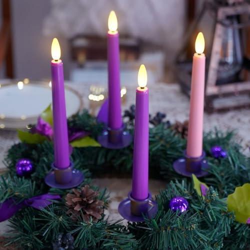FPOO Advent Candles, 4 Packs Flameless Taper Candles Battery Operated with Remote Timer, 3 Purple and 1 Pink candlesicks for Advent Wreath Décor