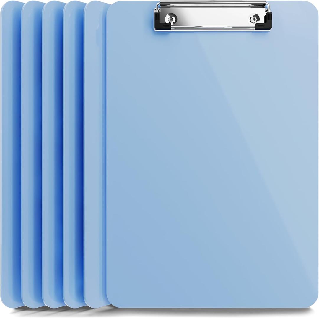 Light Blue Plastic Clipboard with Low Profile Clip (Pack of 6) - Letter Size Clipboard Blue with Flat Clip, A4 Size Acrylic Clip Board for Boys and Girls | Cute College & Back to School Supplies
