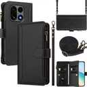 Wallet Case for Oneplus 15, with 1 Long Shoulder Strap, 1 Short Wrist Strap, 9 Card Slots, 1 Cash Pocket, Wireless Charging, Magnetic Closure, Kickstand (Black)