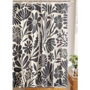 RoomTalks Black Vintage Floral Faux Linen Shower Curtain for Bathroom Decor - 210GSM Heavy Duty Modern Farmhouse Country Rustic Matisse Plants Botanical Shower Curtain Set with Hooks