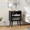 MMEOLUOOK Nightstand with Charging Station, Bedside Tables, End Table Side Table with 2 Tiers Storage Space, for Bedroom, Living Room, Black CAMLBZ07BE, 15 inches x 11.8 inches x 23.3 inches