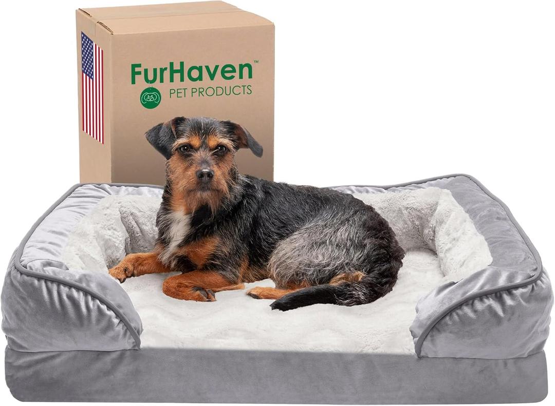 Furhaven Memory Foam Dog Bed for Medium/Small Dogs w/ Removable Bolsters & Washable Cover, For Dogs Up to 35 lbs - Plush & Velvet Waves Perfect Comfort Sofa - Granite Gray, Medium (30.0"L x 20.0"W x 6.5"Th)