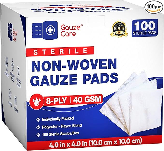 Gauze Care Non-Woven Sterile Gauze Pads 4x4, Pack of 100, 8-Ply, Soft, Lint-Free, Individually Wrapped, Sterile, Absorbent, Breathable, Perfect for Wound Care