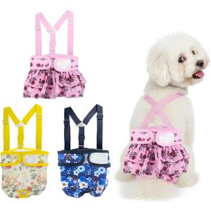 3 Pack Washable Female Dog Diapers with Suspender - Reusable Super Absorbent & Leakproof Fixed Doggie Diapers for Dogs in Heat Cycle