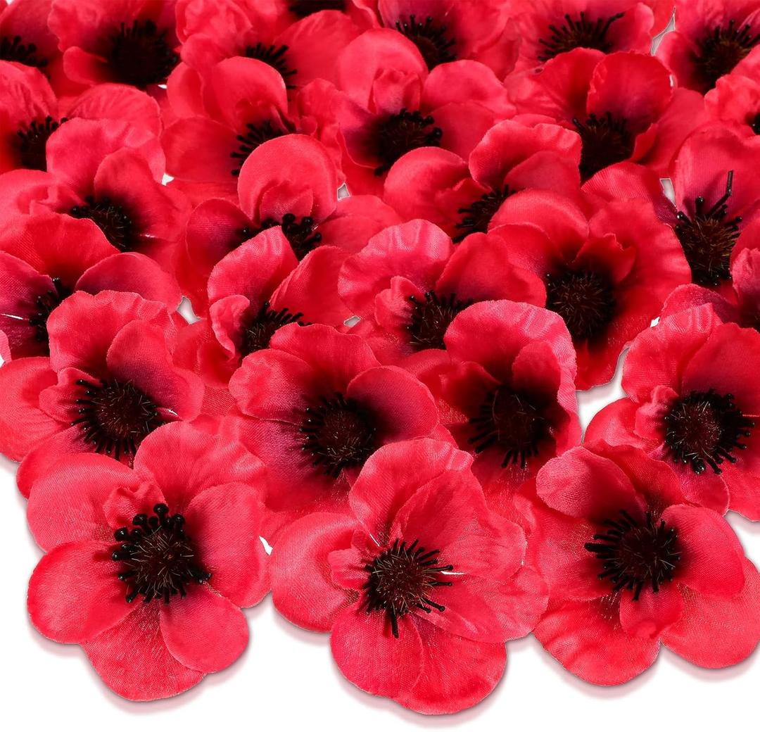 Xinnun 60 Pieces Artificial Poppies Flowers Red Poppy Artificial Silk Faux Stemless Flowers Head for Memorial Day Veterans Day Wedding Home Decoration Bouquet Corsages Party Centerpiece