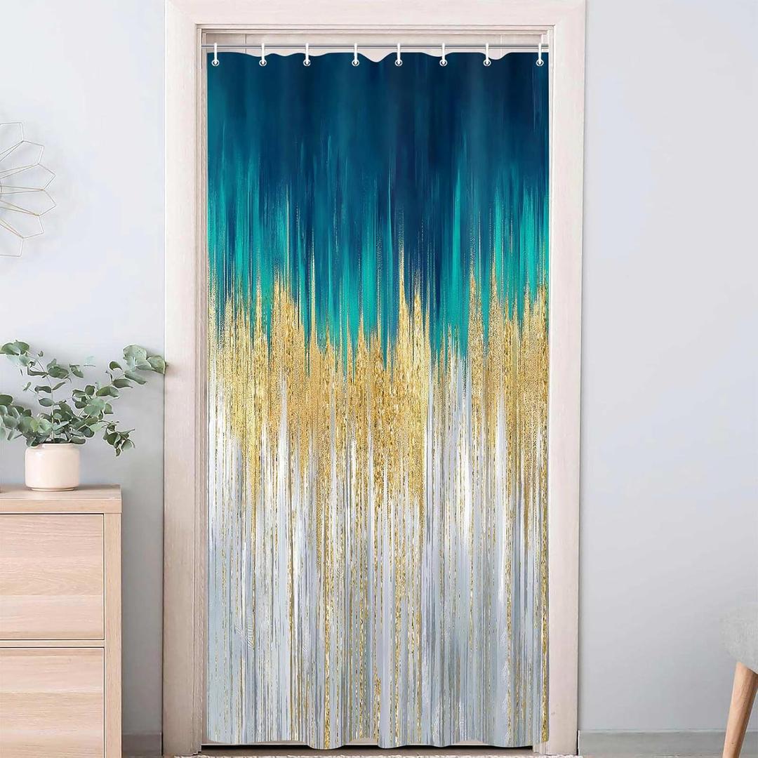 JAWO Abstract Teal Blue Shower Curtain, Lake Blue Boho Ombre Minimalist Chic Art Shower Curtains, Modern Neutral Contemporary Striped Brush Strokes Tan Art Waterproof Bathroom Curtain with 12 Hooks (47"W x 64"L (Pack of 1))