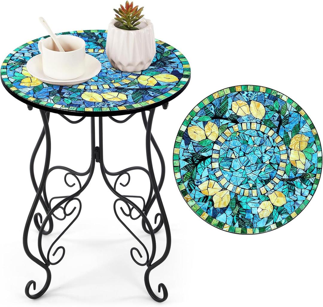 Geelin 14 Inch Lemon Small Outdoor Patio Side Table Lemon Round Mosaic Side Table Accent Indoor End Plant Metal Coffee Tea Furniture for Yard Porch Garden Living Room Bedroom