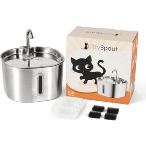 KittySpout Stainless Steel Cat Water Fountain Automatic Drinking Fountain, Quiet Circulating Water Bowl, Dishwasher Safe, Indoor Pet Fountain for Hydrated Healthy Cats (Stainless Steel, 2.2L Corded)
