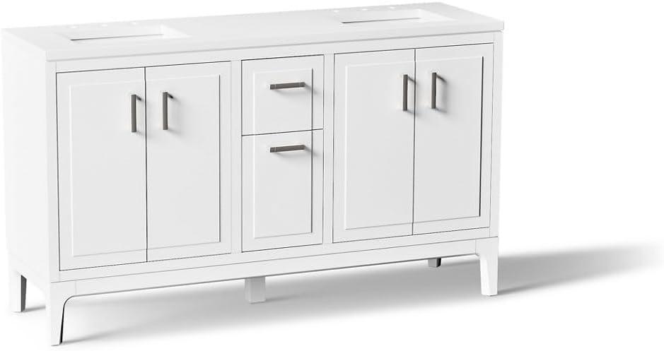 KOHLER Seer 60 Inch Bathroom Vanity Cabinet with White Double Sinks and Quartz Top, Modern Bathroom Vanity, White, K-33555-ASB-0