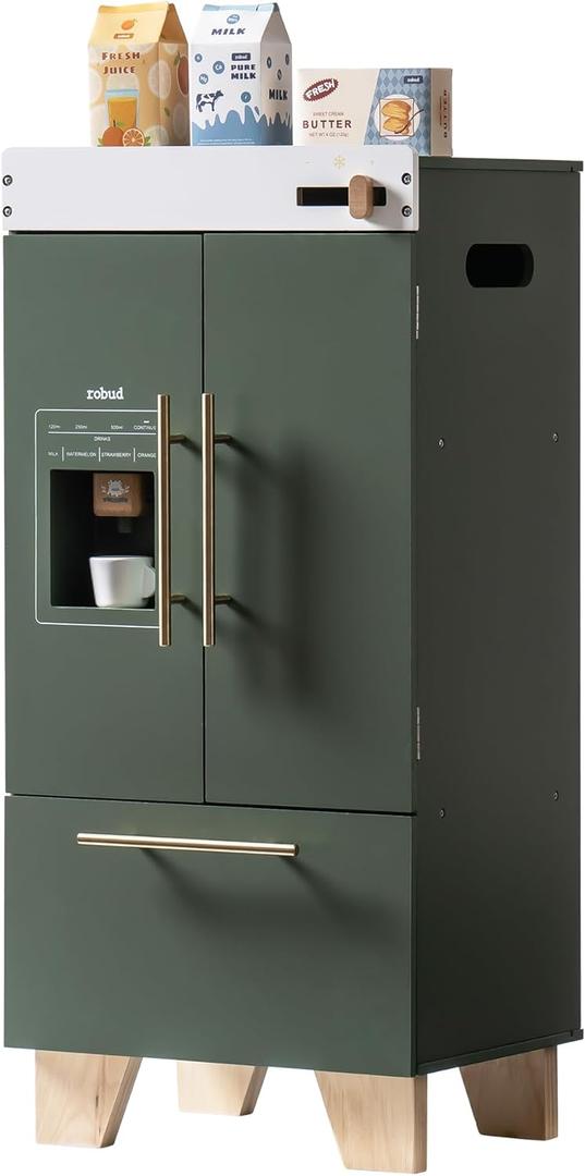 ROBUD Kids Play Kitchen - Vintage Green Refrigerator for Kids Kitchen Playset with Accessories - Pretend Toddlers' Kitchen Toy Fridge - Perfect Baby Gift for Ages 3-8 Years Old 
