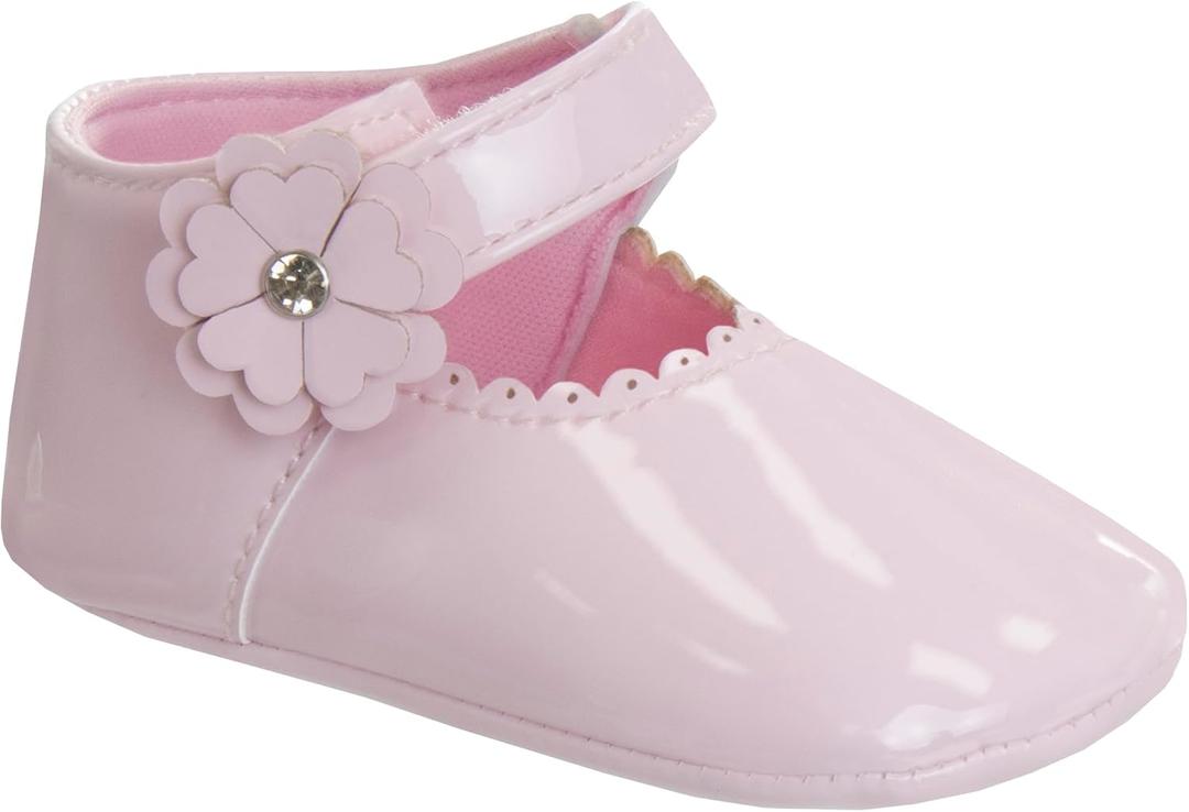 Josmo Baby Girls Soft Sole Flower Bow Princess Wedding Dress Mary Jane Flats Prewalker Newborn Light Baby Shoes Size 2-4 Infant (Pink Patent)