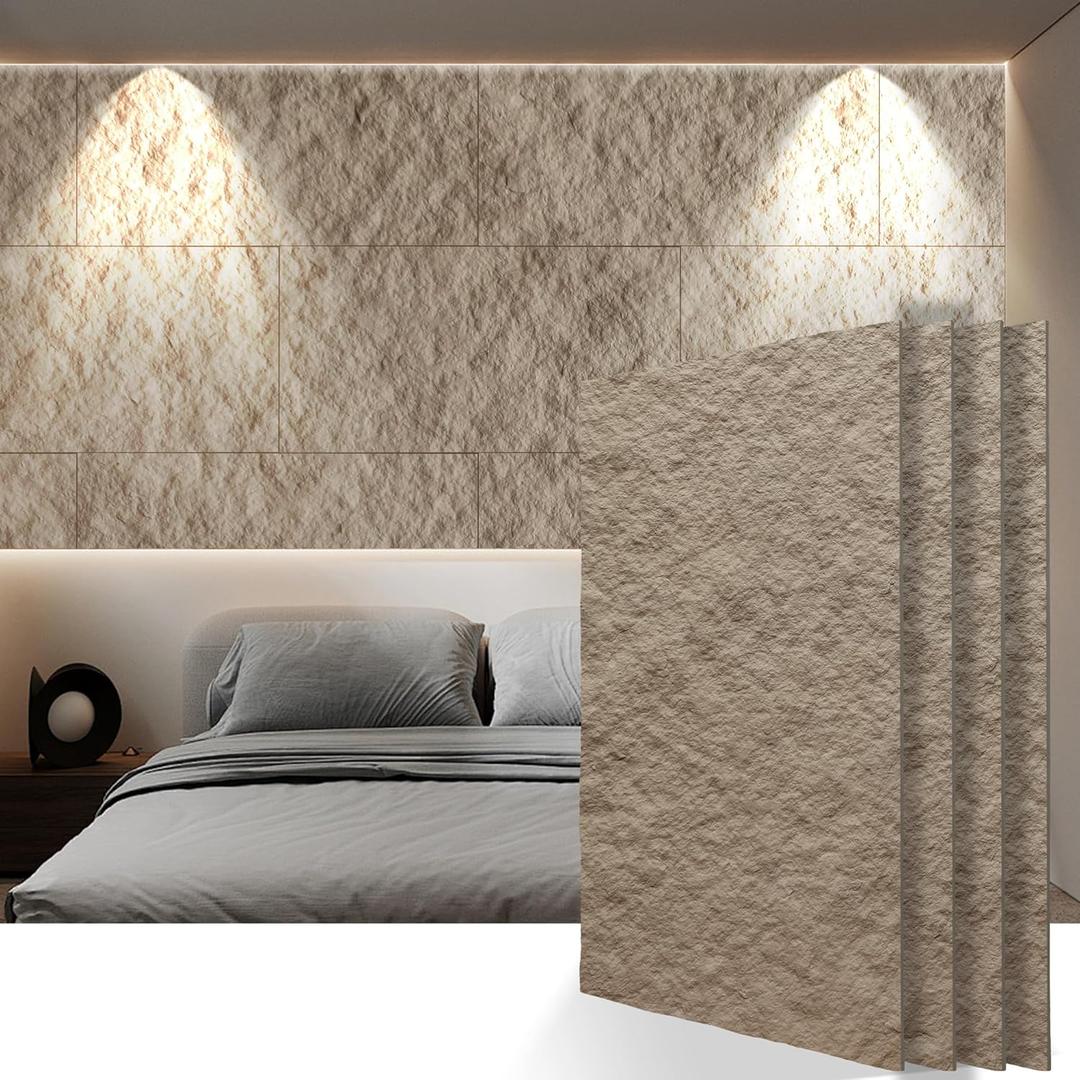 KASARO PU 3D Faux Stone Wall Panels, 4 PCS Wainscoting Panel for Interior Wall Decor, Cement Texture Accent for Home, Office, 47.223.6inch, Stone Yellow
