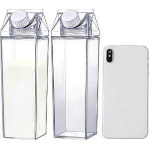 17 oz Milk Carton Water Bottles Clear Plastic Milk Box Portable Reusable Square Juice Bottles for Outdoor Sports Travel Camping Activities(2 Pieces)