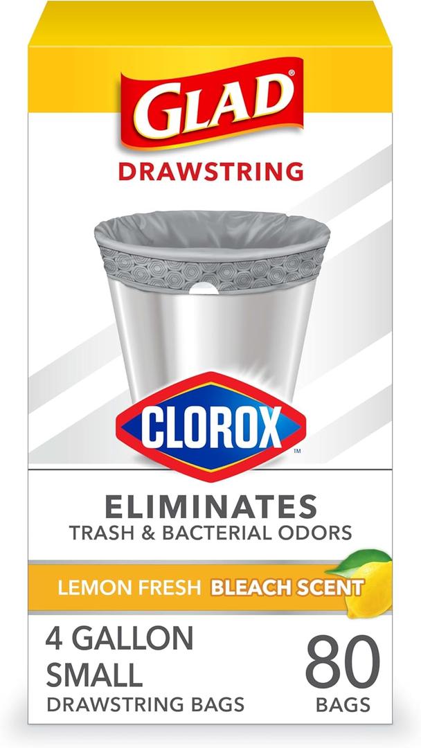 Glad Small Trash Bags 4 Gallon, Lemon Fresh Bleach Garbage Bags, Odor Resistant with Drawstring, 80 Count