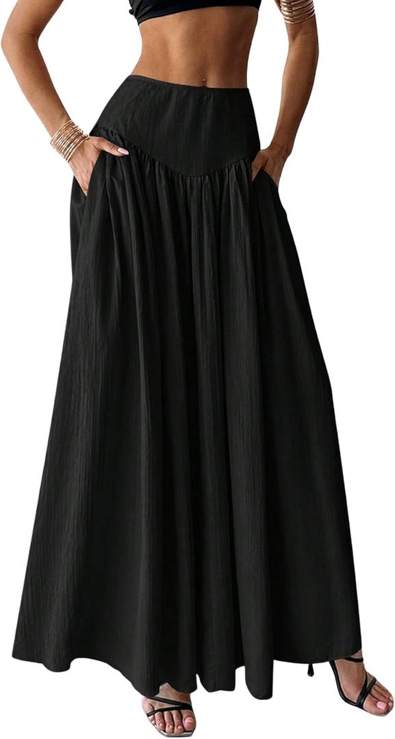 Milumia Women's Pleated Flowy Long Skirts High Waist Maxi Skirt with Pocket (Large, Black)
