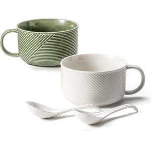 Microwave Soup Bowls with Handles: 38 Ounce Extra Large Ceramic Soup Mug with Handle & Spoon - Oversized Ramen Bowl Set of 2, 6 Inch, Green & White