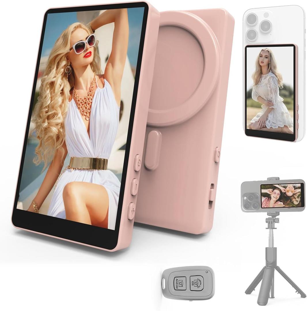 Vamvo Selfie Monitor Screen, Vlog Magnetic with Remote Control, 1080P Wireless Screen Mirroring Video Recording for Android iOS, for Content Creator, Live Stream & TikTok (Pink)