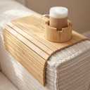 Bamboo Couch Arm Tray for Drinks and Snacks with Detachable Cup Holder and Anti Slip Base, Foldable Sofa Arm Tray for Convenient Couch Side Use