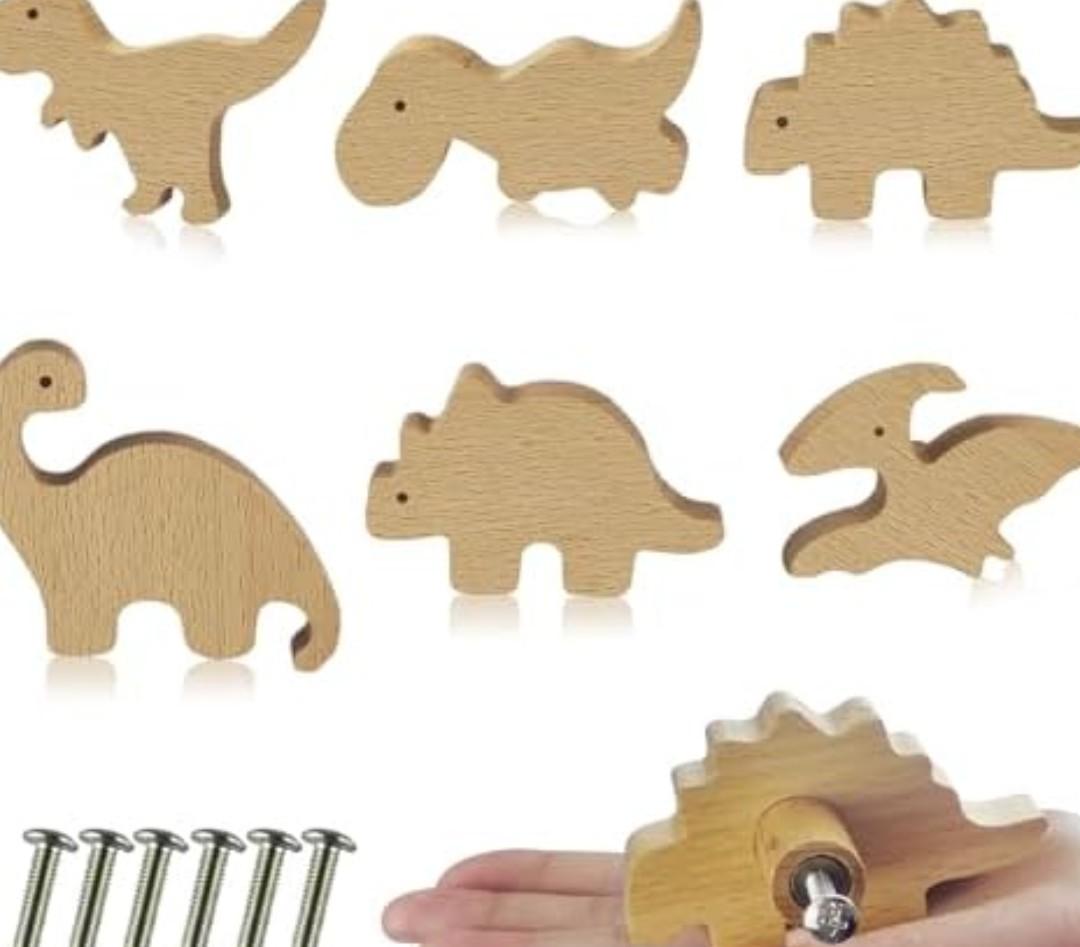 Zaruatu 5 Pcs Wooden Animal Cabinet Knobs with Screws Decorative Wardrobe Knobs Natural Wood Cute Animal Furniture Suitable for Nursery Drawer Handles Decor Cabinets Furniture (Dinosaur)