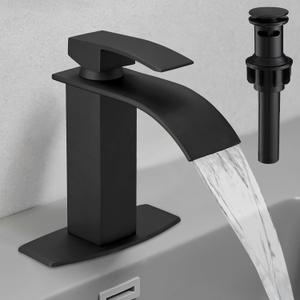 Hoimpro Black Waterfall Bathroom Faucet with cUPC Supply Lines, Single Handle Bathroom Sink Faucet with Pop-up Drain, Rv Vanity Vessel Faucet with Deck Plate, Matte Black