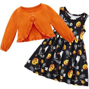 Patgoal Kid Toddler Girl Fall Dress+Cardigan 2 Piece Pumpkin Sleeveless Dress and Cardigan Set Halloween Thanksgiving Outfits (Orange)